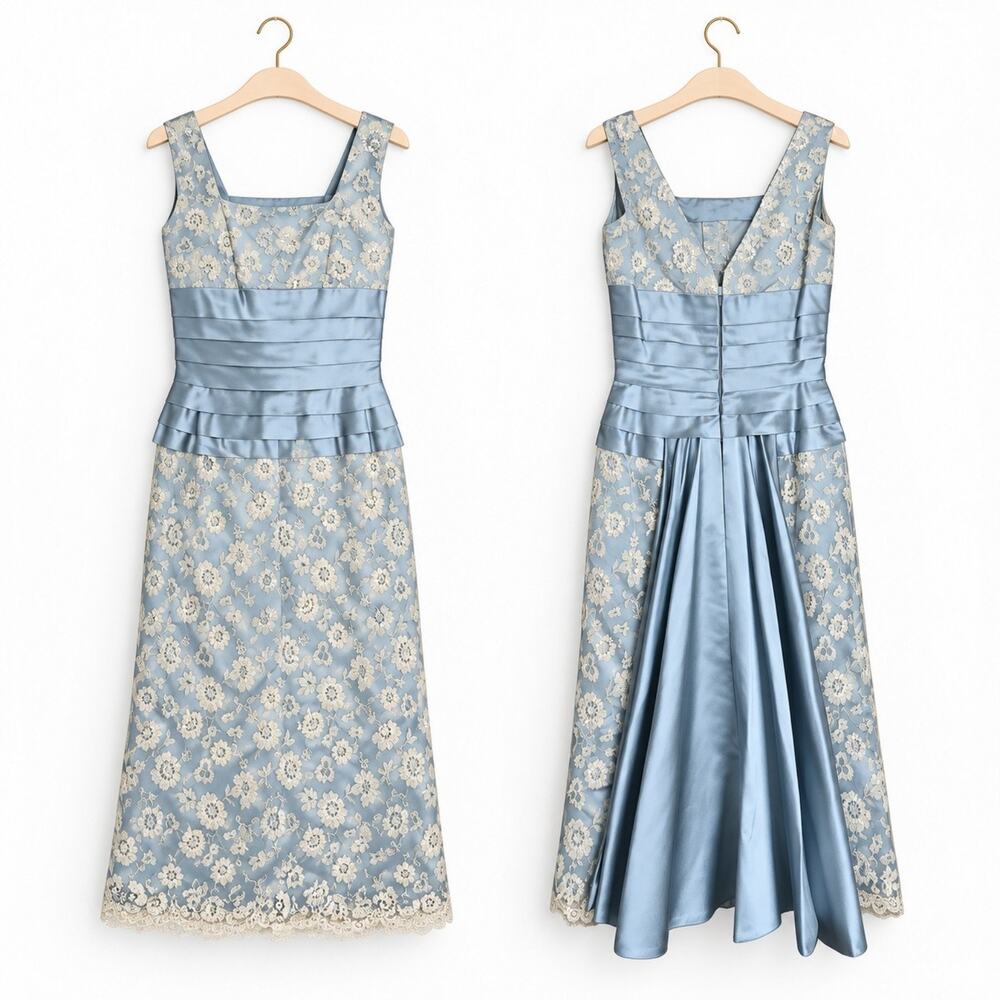 1950s Lillie Rubin Baby Blue Satin Pleated Waist Lace Fan Pleat Back Dress